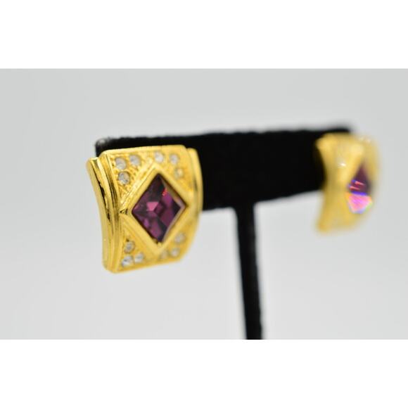 Vintage Crystal Earrings Sparkling Rhinestone Gold Purple NOS 1980s 9G - Picture 3 of 8